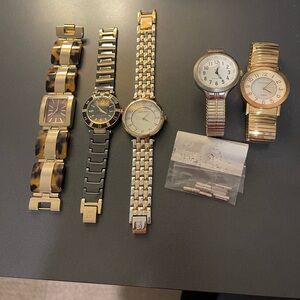 Anne Klein Ladies 6 piece watch lot+Boxes and bag-one not working